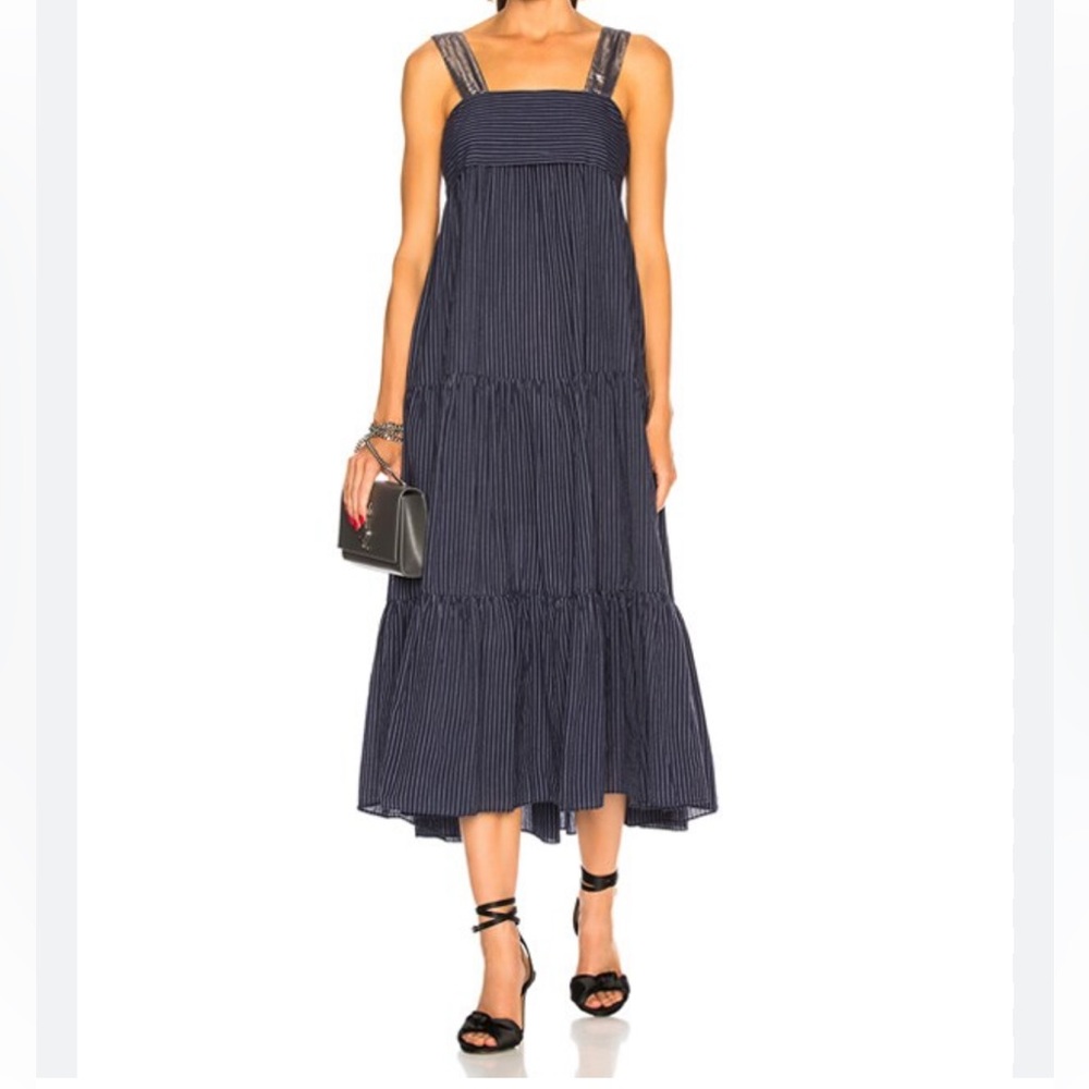 ULLA JOHNSON Navy Cotton Striped Maxi Dress
